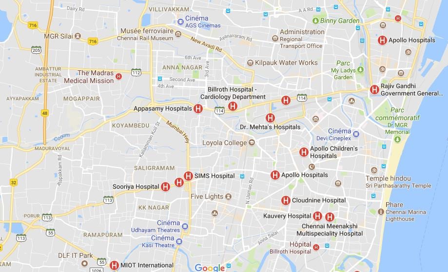 mapa de Chennai Hospitais 